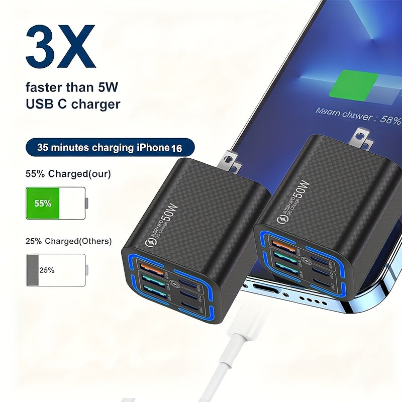 50W USB Type C Wall Charger, Type C Fast Charging, 6-Port (USB C + Type C) Fast Charger - Compatible for iPhone 17/ 16/ 15/ 13/ 13 Pro/ 12/ 12 Pro/ XR/ SE, Pro/ Mini/ Air - Perfect Christmas/ Holiday Gift, Multidevice Charging, Office Power Adapter