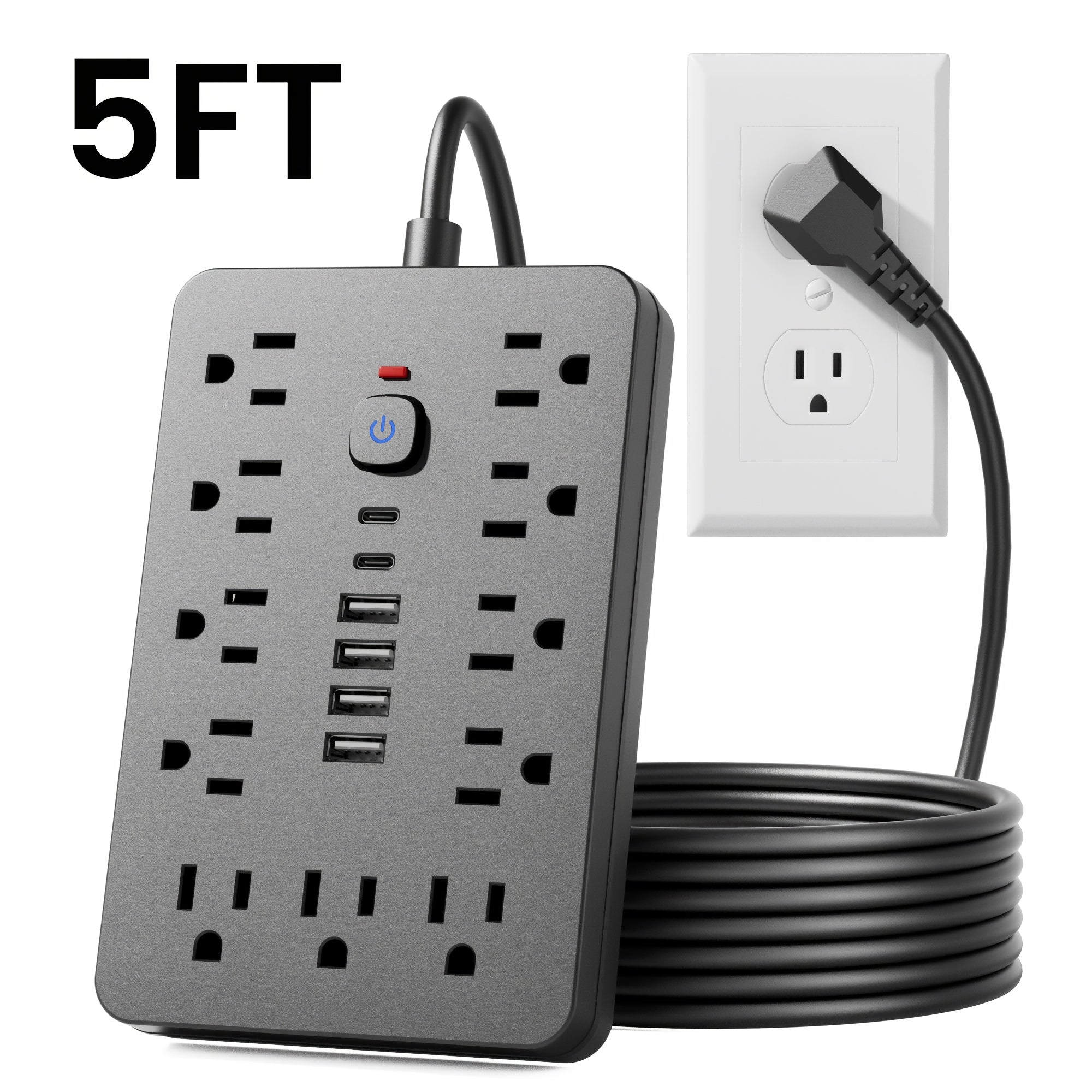 This Power Hub Features 11 Individual Outlets, Lengths of 5FT And 10FT, Along with 4 USB Ports And 2 USB-C Ports. It Has a Flat Plug Design, Can Be Mounted on The Wall, And Is Equipped with Overload Protection, Making It Ideal for Home Or Office Use