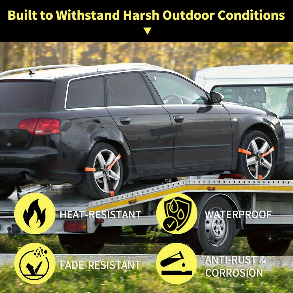 4-Pack Reflective Car Trailer Tie Down Straps - Tire Ratchet Straps with Chain Anchor Device - 2in x 8ft, 9900lb Break Strength - Lasso-Style Wheel Straps for Transporting ATVs, SUVs, Trucks