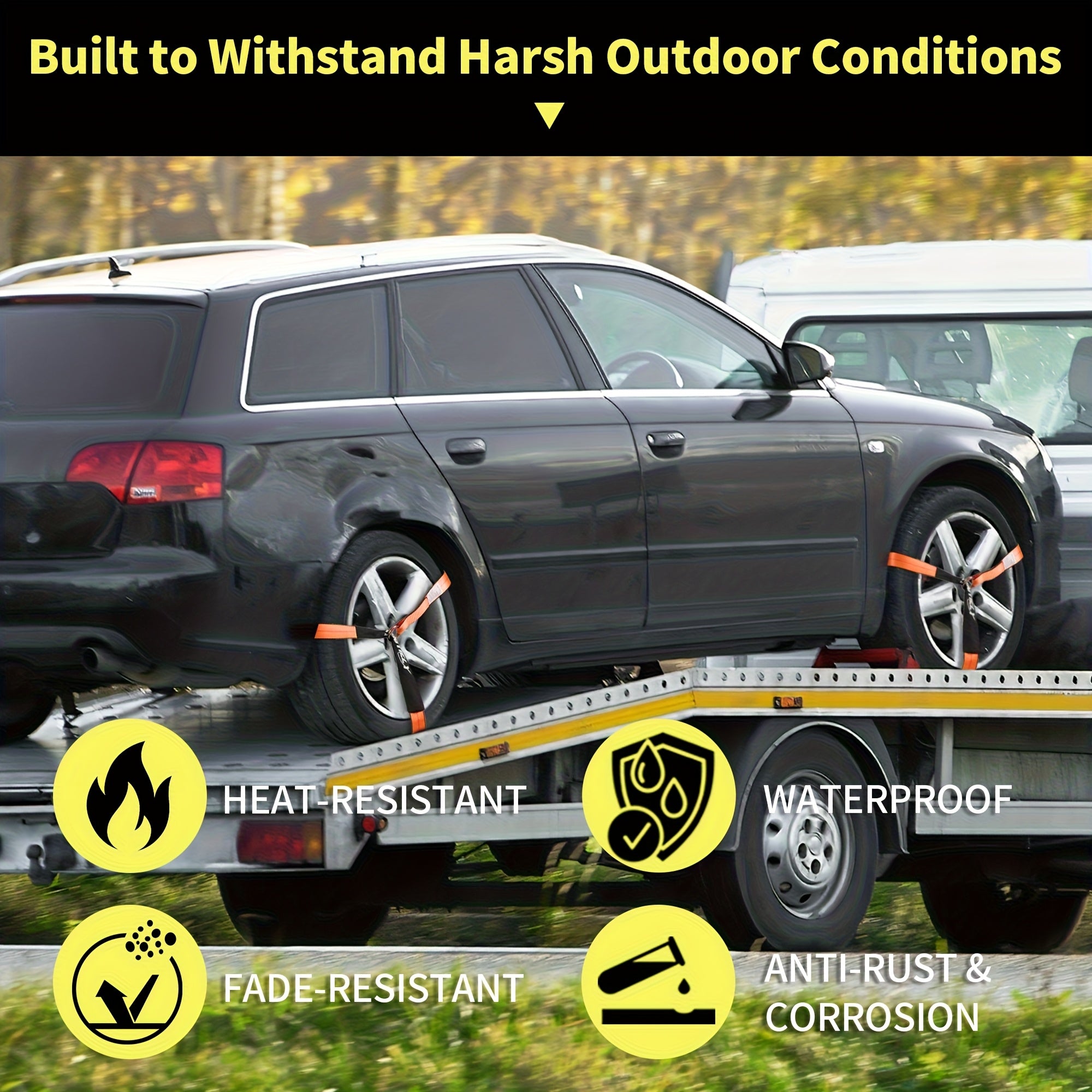 4-Pack Reflective Car Trailer Tie Down Straps - Tire Ratchet Straps with Chain Anchor Device - 2in x 8ft, 9900lb Break Strength - Lasso-Style Wheel Straps for Transporting ATVs, SUVs, Trucks