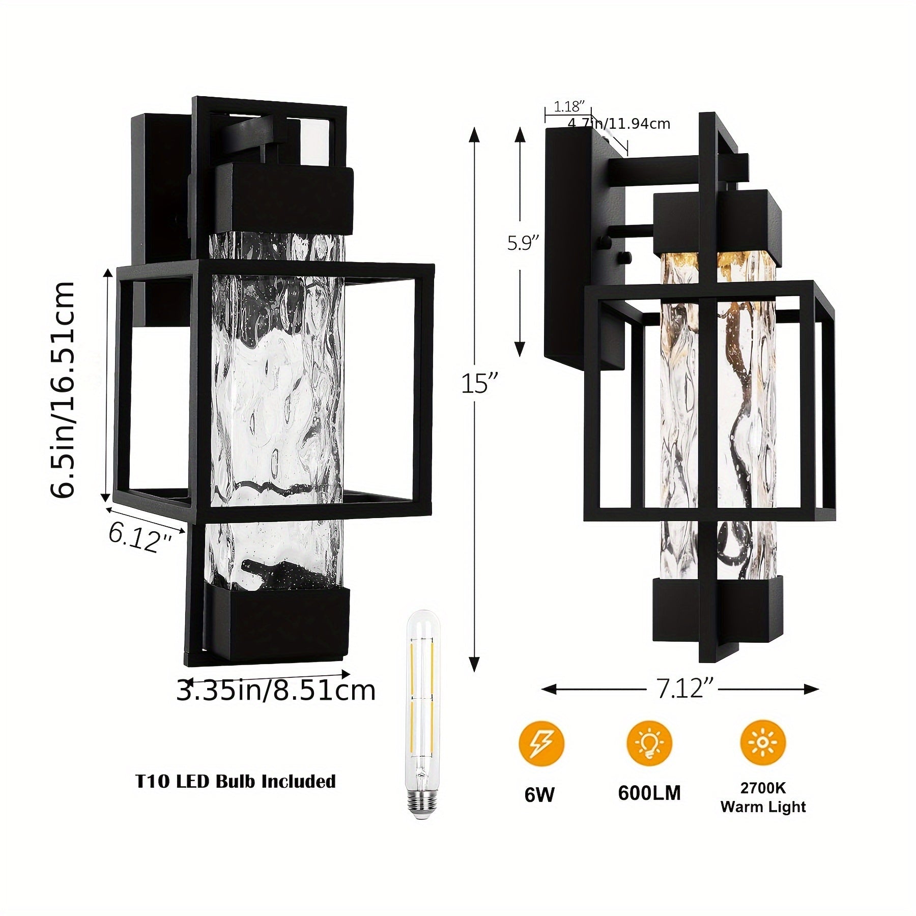 Modern Outdoor Light Fixture Dusk to Dawn Automatic Lighting 2-Piece Set, 15-Inch Waterproof Wall Mounted Porch Light, Garage Entrance Outdoor Light with Crystal Glass
