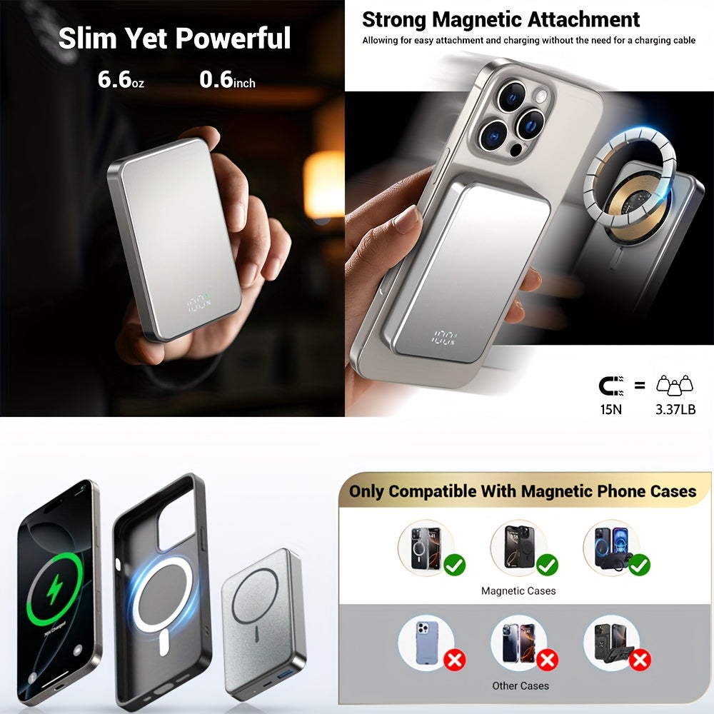 磁吸無線充電寶 10000毫安超薄快充移動電源 帶LED顯示屏 適用於iPhone 17/16系列及其他Qi相容手機