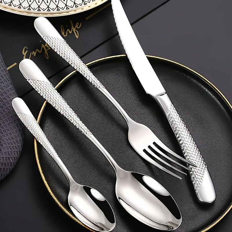 30-Piece Silver Modern Hammered Set (Service for 6), Stainless Steel Flatware Set, Includes Ultra-Sharp 2-in-1 Serrated Knife, Mirror Polished, Dishwasher Safe – Perfect for Parties, Family Gatherings, Weddings