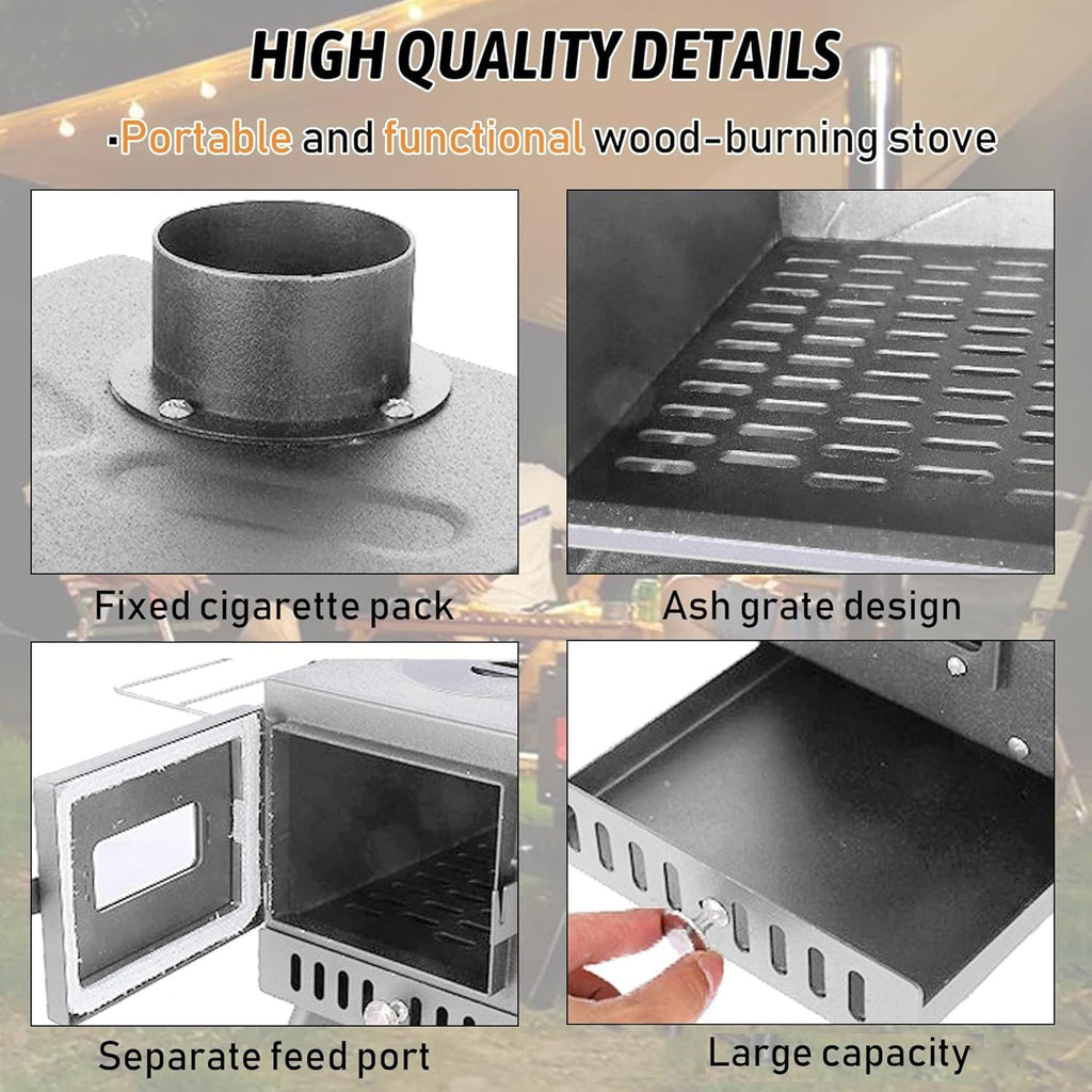 Wood Burning Stove, Stainless Steel Camping Stove, Portable Wood Stove, Outdoor Cooking Camping Wood Stove with 5 Chimney Pipe Sections & Gloves, Ideal for Ice Fishing