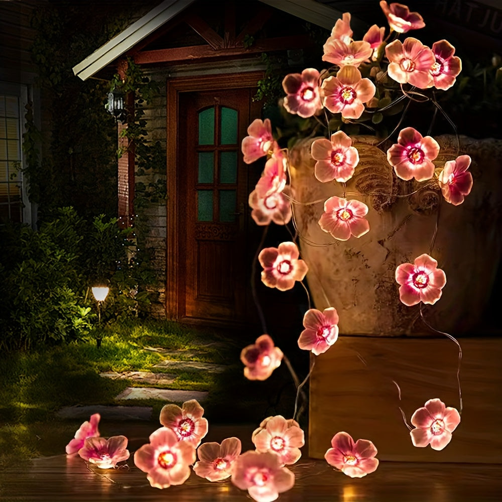 1件樱花铜线LED仙女灯，粉色装饰串灯适用于户外节日花环、春夏派对装饰 – 电池供电（不含电池）– 完美搭配女孩房间、婚礼、生日及室内活动
