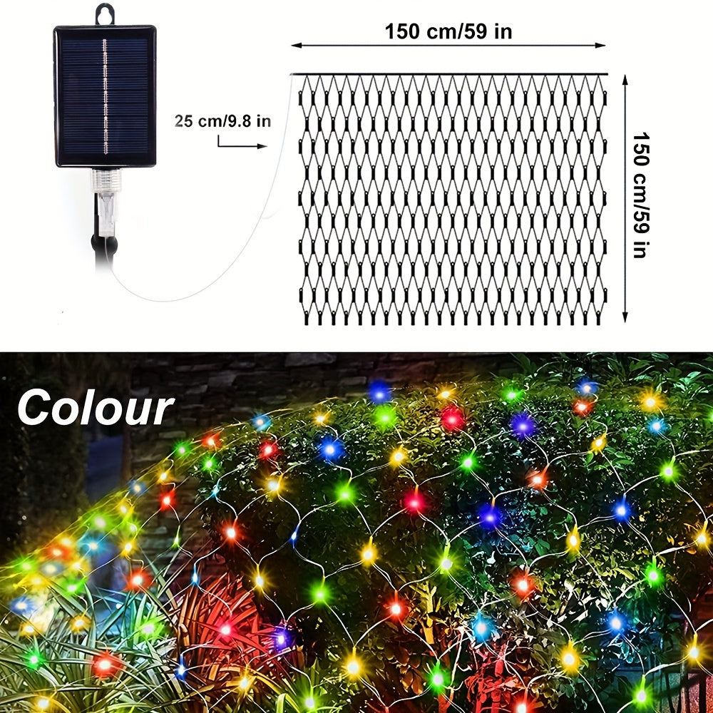 1包太阳能网灯-192 LED，9.8英尺x 6.6英尺8模式LED闪光网灯，适用于室外/室内使用-非常适合树木、景观、花园、屋顶、阳台、墙壁装饰-非常适合婚礼、生日、圣诞节、万圣节、派对 IP44