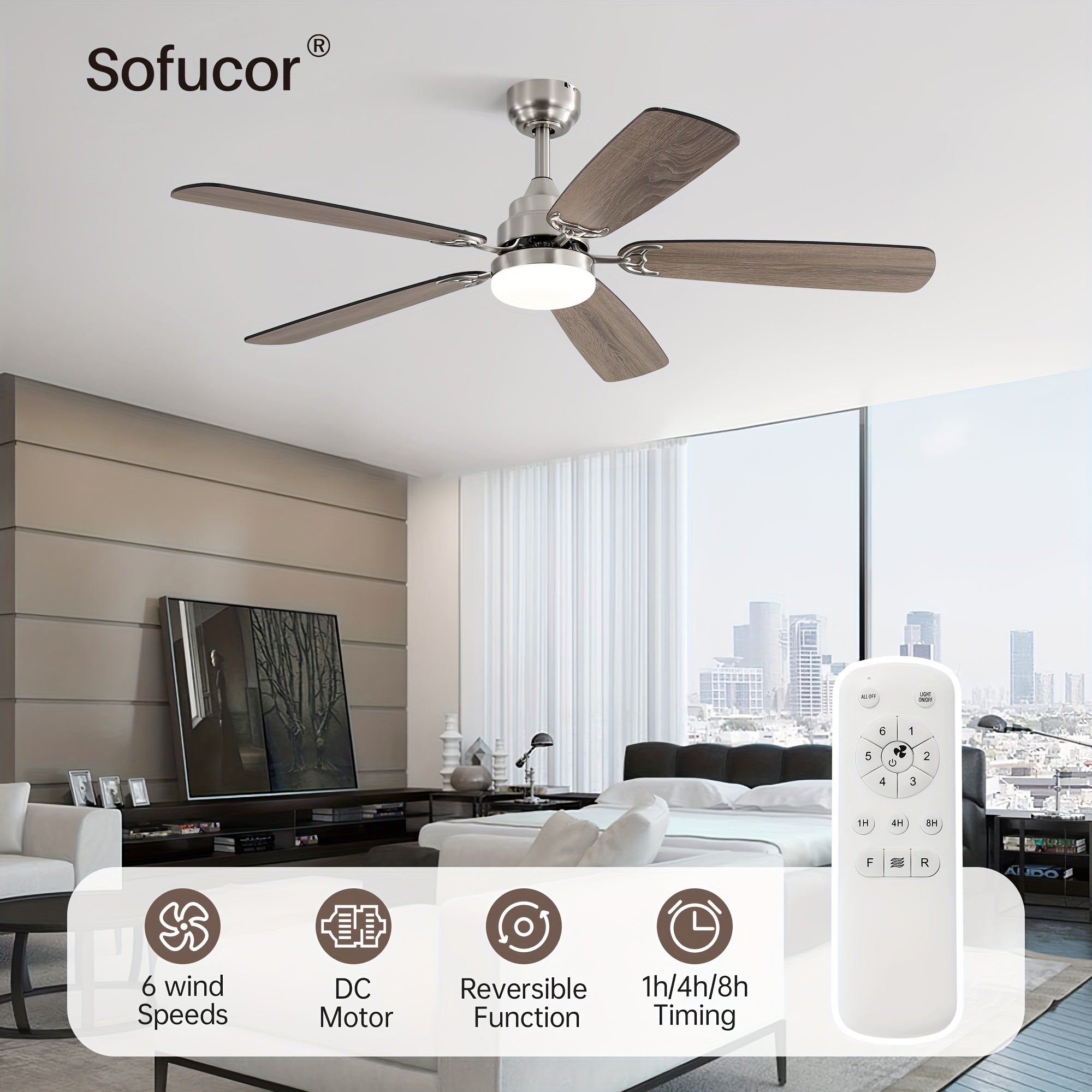 Sofucor 52" Ceiling Fan with Light & Remote, 6 Speeds, 3-Color LED, Timing, Low Profile, Noiseless Reversible DC Motor, for Bedroom, Living Room, Patio (3 Downrods Included)