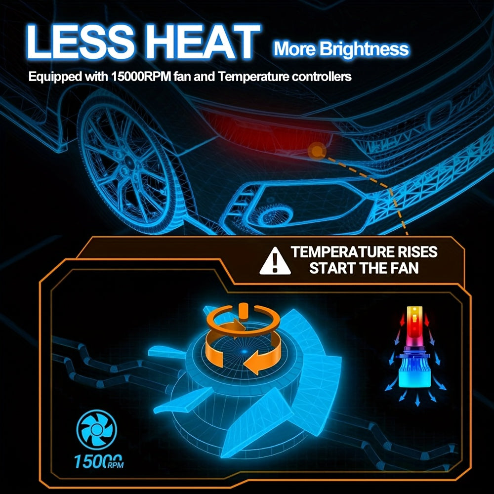2Pcs H1 H7 H11 9005 9006 9012 H4 H13 9007 9004 LED Car Headlights, Brightness 3570 CSP Chip 6000K White Light 60000 Lumens 200W High/Low Beam Fog Light Fast Heat Dissipation