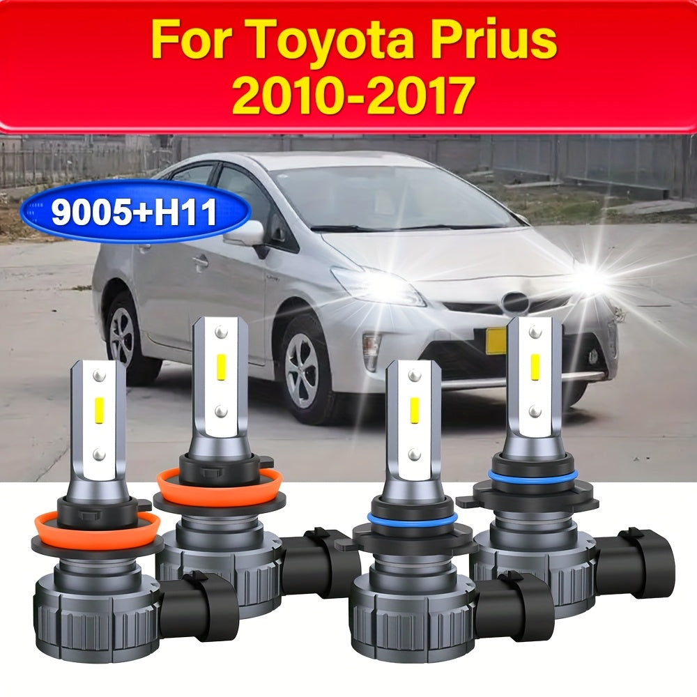 9005/HB3 H11 LED Headlight 4-Piece Set, Cool White 6500K, for 2010-2017 Toyota Prius, 600% Brightness Increase, High/Low Beam Both Easy to Install, Compact 1:1 Size, 3570 CSP Chip, No Battery Included
