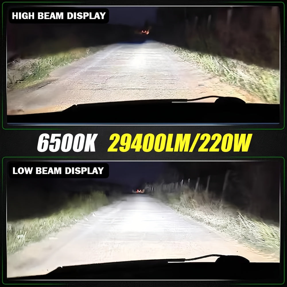 2-Pack Car LED Headlight Bulbs, Providing 29,400 Lumens, 220 Watts, and 6500K Cool White Color Temperature. Compatible with H1, H4, H7, H18, H8, H9, H11, H16, 9005, 9006 and 9012 Sockets, No Battery Included