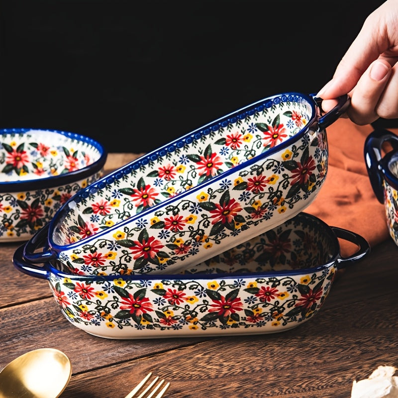 1 Piece, Polish Ear-Shaped Ceramic Baking Dish, Hand-Painted Relief Salad Plate for Home Use, Cheese Baked Rice Dish