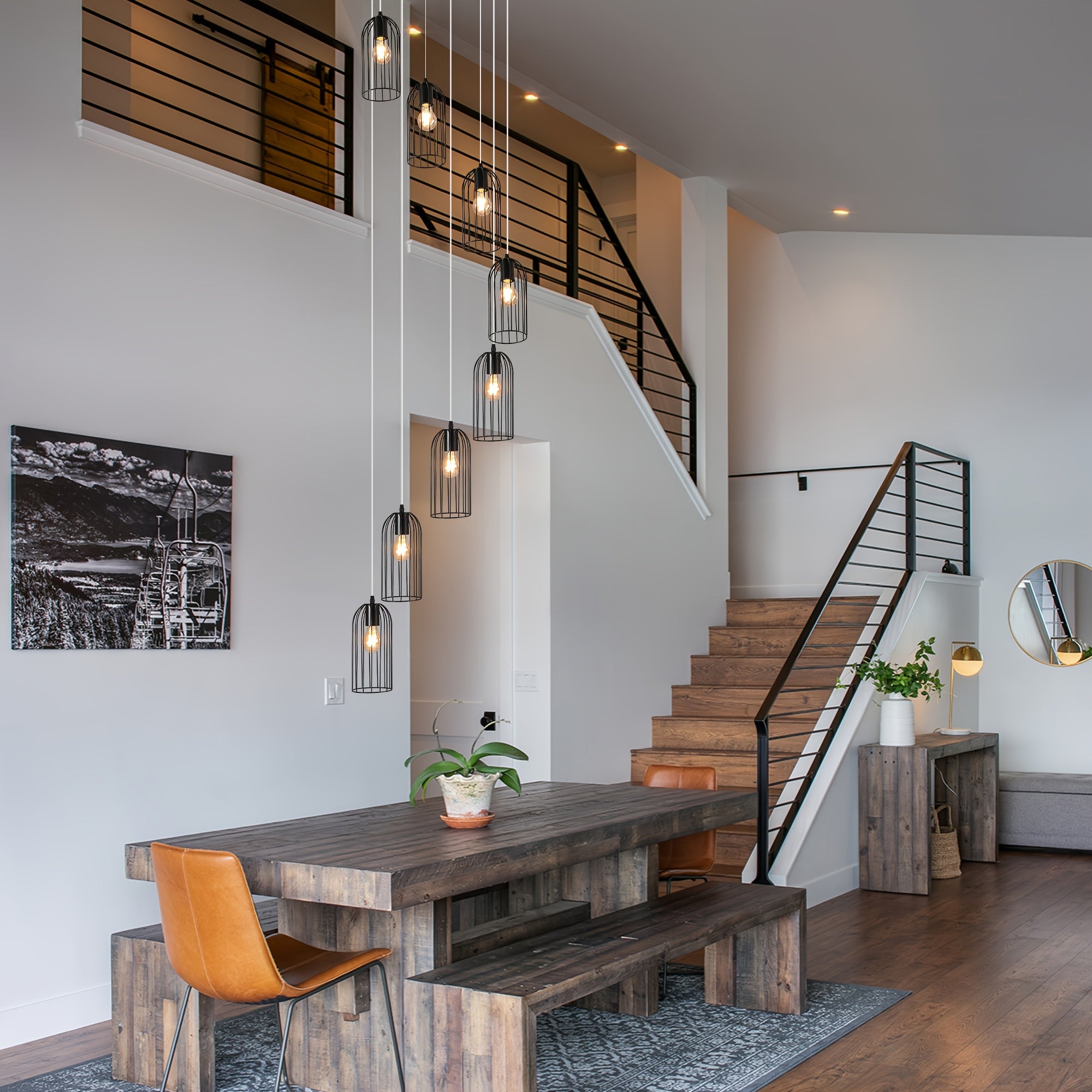 Ganeed modern staircase large chandelier, 114.2”/290cm tall unique cage chandelier long staircase ceiling pendant light, 8-light long spiral chandelier fixture, suitable for villa living room hall | LED light and home decoration