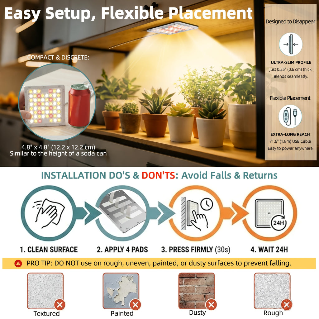 LED Indoor Plant Grow Light, Full Spectrum Under-Shelf Plant Supplement Light, High PPFD Spotlight Panel, 3/9/12H Timer & 10 Dimmable Levels, Adhesive Grow Lamp for Succulents, Plant Stands, Cabinet Greenhouses, Grow Tents & Hotels