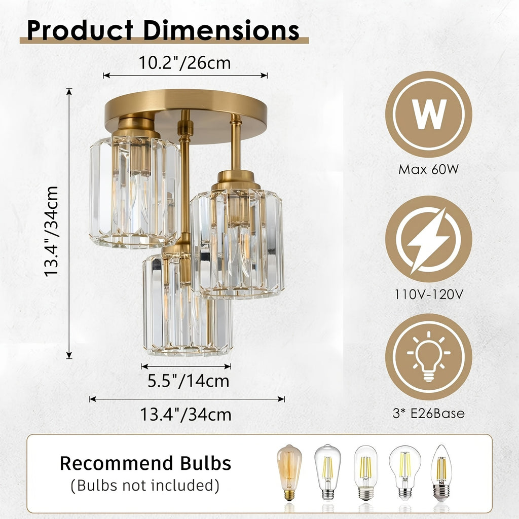 Modern semi-flush mount ceiling light, three-light crystal chandelier, E26 base pendant light, suitable for living room, dining room, bedroom, kitchen, hallway