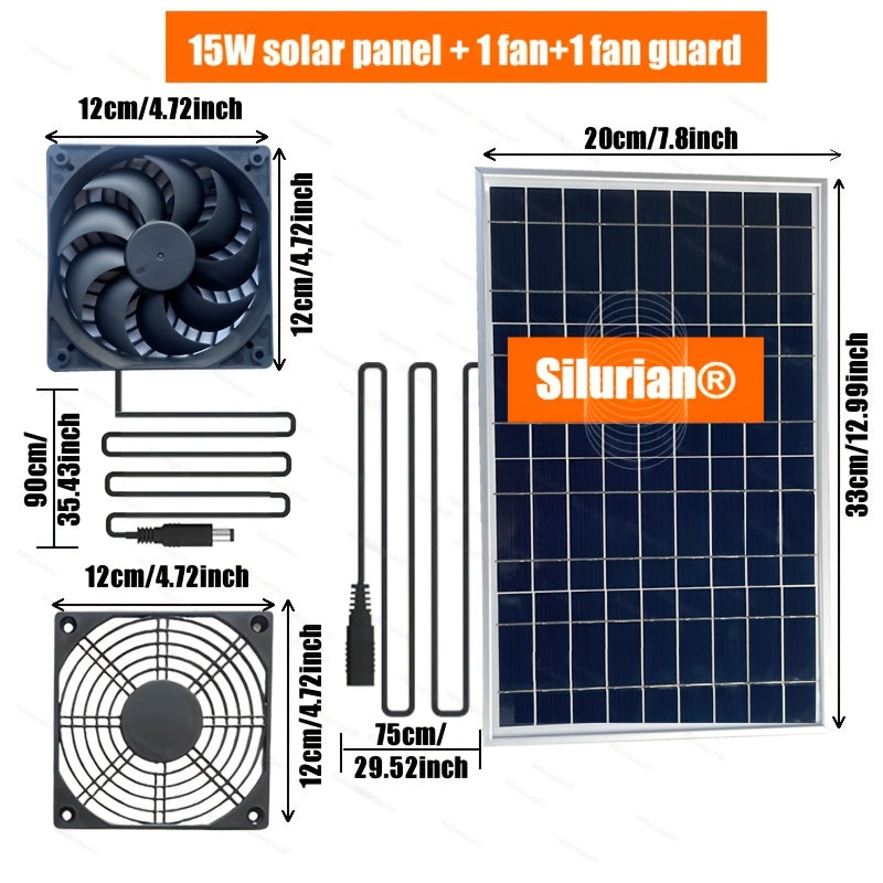 15W Solar Fan Kit in 2 Specifications: 15W Solar Panel + 1 Fan + 1 Fan Grill, and 15W Solar Panel + 2 Fans + 2 Fan Grills, Suitable for Courtyard, Flower Shed, Chicken Coop, Pet House and More
