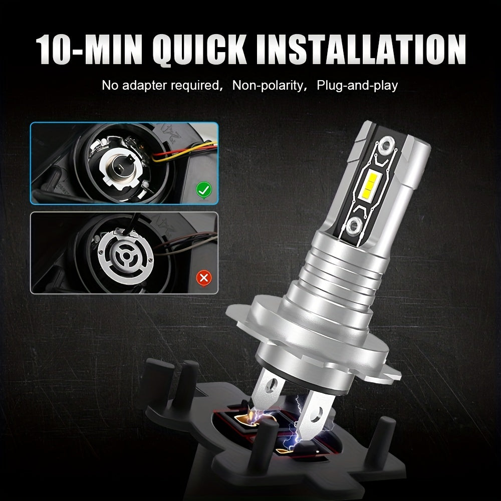 Set of 2 H7 LED Headlight Bulbs, Equipped with Canbus 5530 Chip, Provides 18000 Lumens of 60W White Light, Suitable for Cars, Trucks and Motorcycles, No Battery Needed
