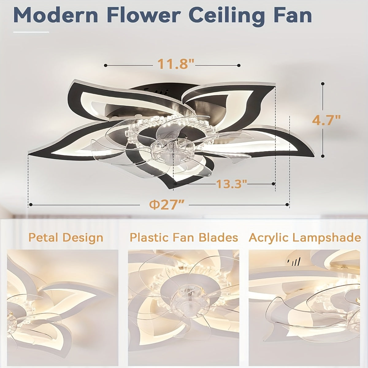Low-Profile Remote Control Ceiling Fan, 3 Color Temperatures & 6 Speed Levels, Flush Mount Light Fixture. This 27-inch Petal-Shaped Modern Ceiling Light is Perfect for Living Room and Bedroom.