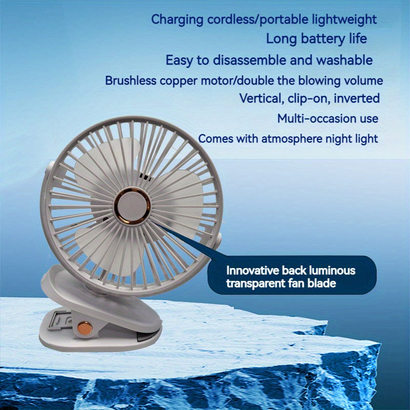 Ultra Quiet Portable Mini Fan with 5-Speed & Ambient Night Light, USB Rechargeable, 2 Colors Available, Multi-Function Clip/Hanging/Desktop Design, Quiet Brushless Motor, Perfect for Bedroom, Camping, Travel, Rechargeable Portable Fan