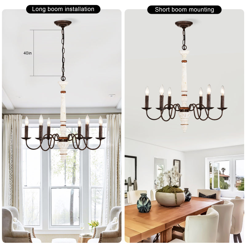 Vintage white and rust finish pendant light, with 6-light E12 sockets, bulbs not included, suitable for dining room, foyer, kitchen, bedroom, living room, conference room and home office