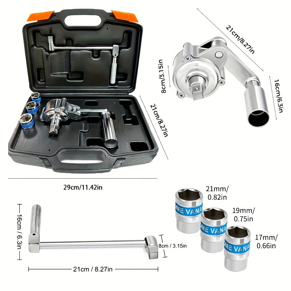 A Torque Wrench Designed Specifically for Removing Lug Nuts, Featuring a 1:16 Torque Multiplier with a Torque Range of 320NM. This Effort-Saving Tool Comes with a 1/2-Inch Drive and Includes a Tire Change Kit with 17mm, 19mm, and 21mm Sockets