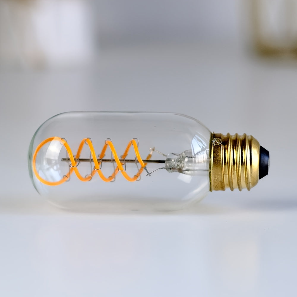 1 Edison LED decorative bulb, T45 tubular bulb 120V 4W 2300K warm yellow amber clear glass LED spiral filament bulb E26 base, dimmable, suitable for bedroom, dining room, bar, warm home lighting replacement bulb