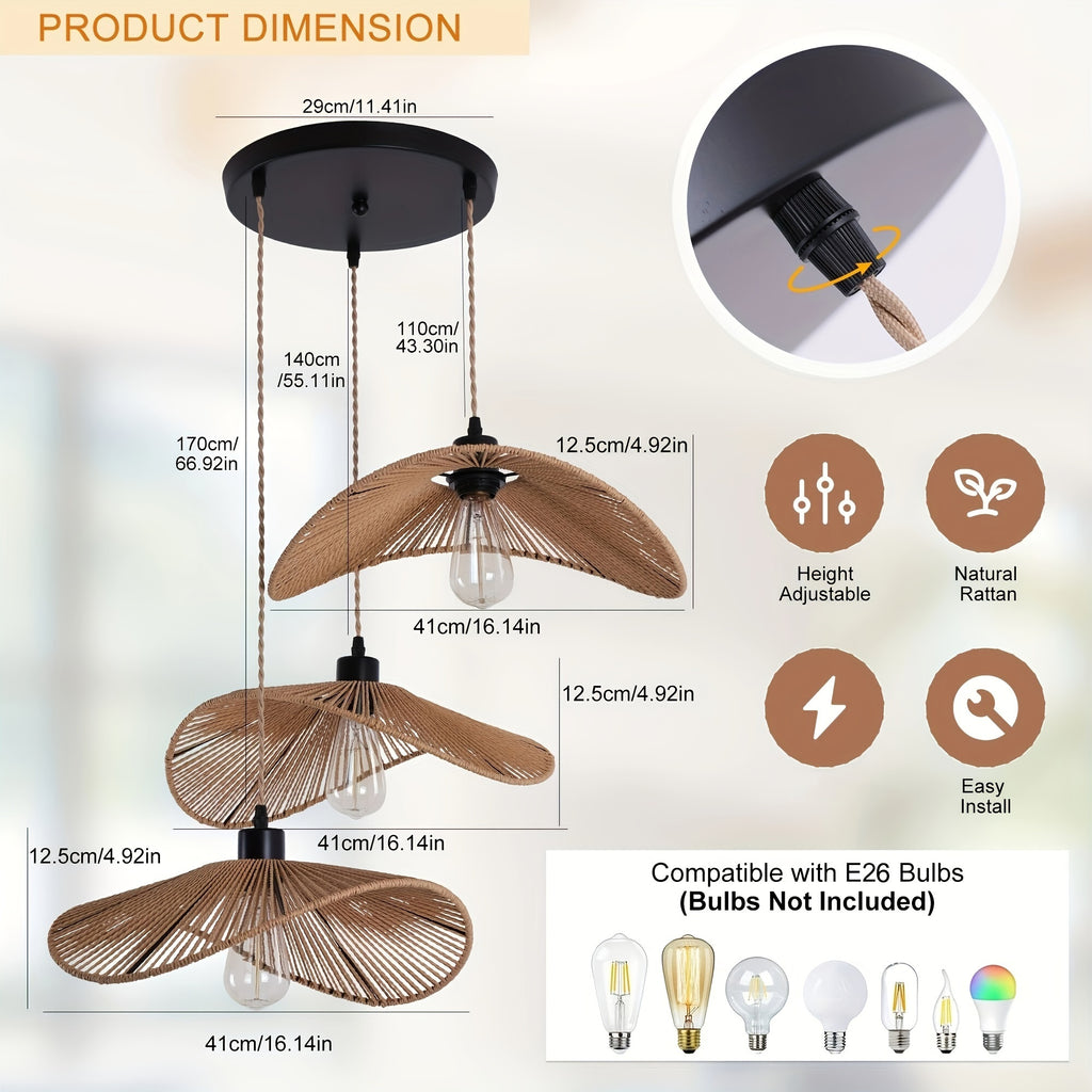 Enkerr three-light hand-woven bamboo rattan pendant light - modern bohemian style height-adjustable hanging lamp, natural wood grain finish, E26 base (bulb not included), dimmer compatible, suitable for farmhouse, bedroom, living room