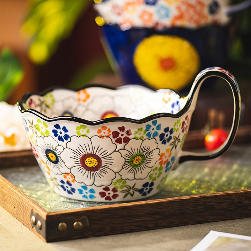 Hand-Painted Japanese Handle Bowl, New Ceramic Baking Dish, Instant Noodle Bowl, Salad Bowl, Home Tableware, Baking Dish with Spoon, Breakfast & Fruit Bowl