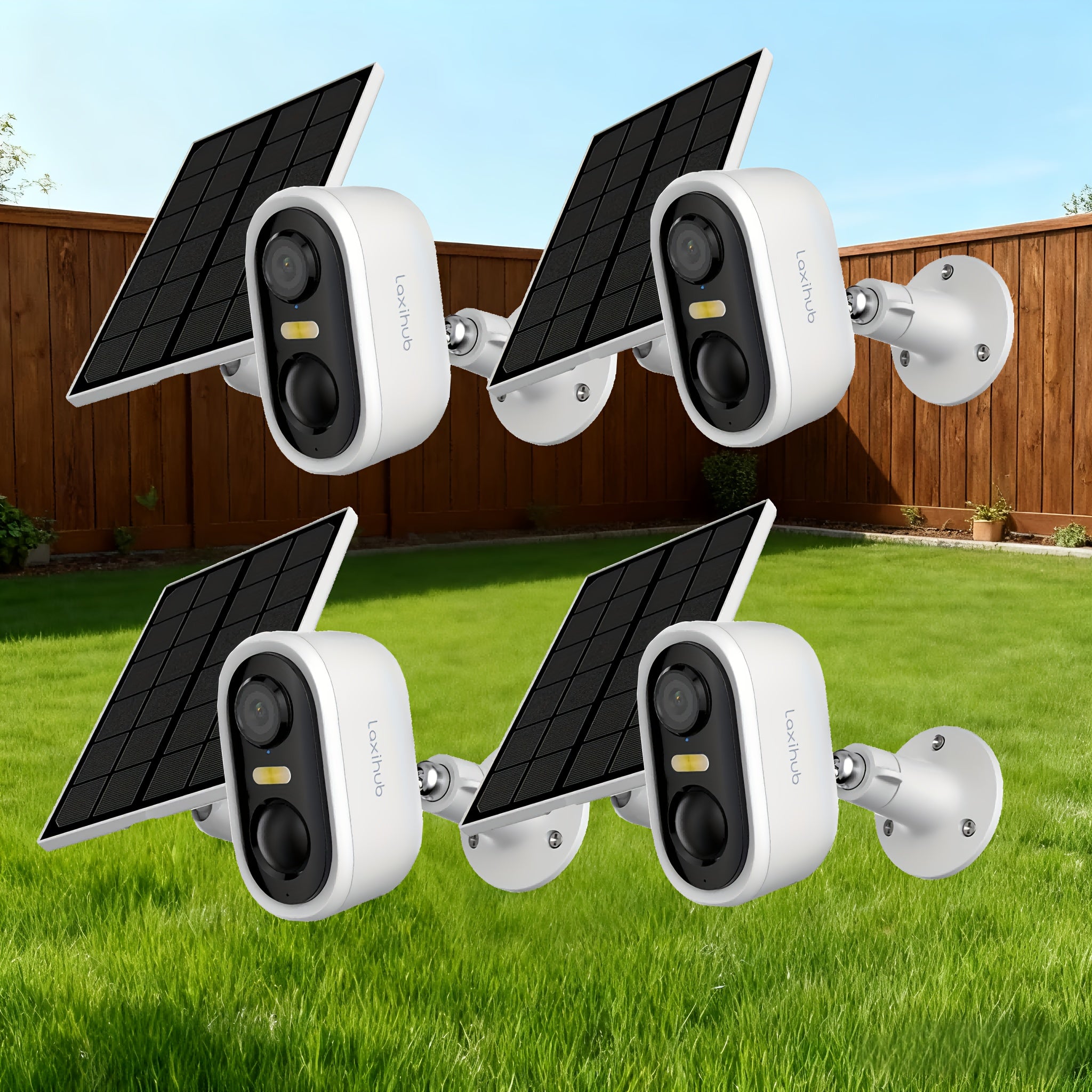 LAXUHUB 1296P Solar-Powered Outdoor Security Cameras, Wireless Rechargeable Camera with a 5200Mah Battery, Spotlight Color Night Vision, 2.4Ghz Wifi, 3MP Full HD, Two-Way Audio, Solar Operated, Capable of Detecting Humans And Vehicles