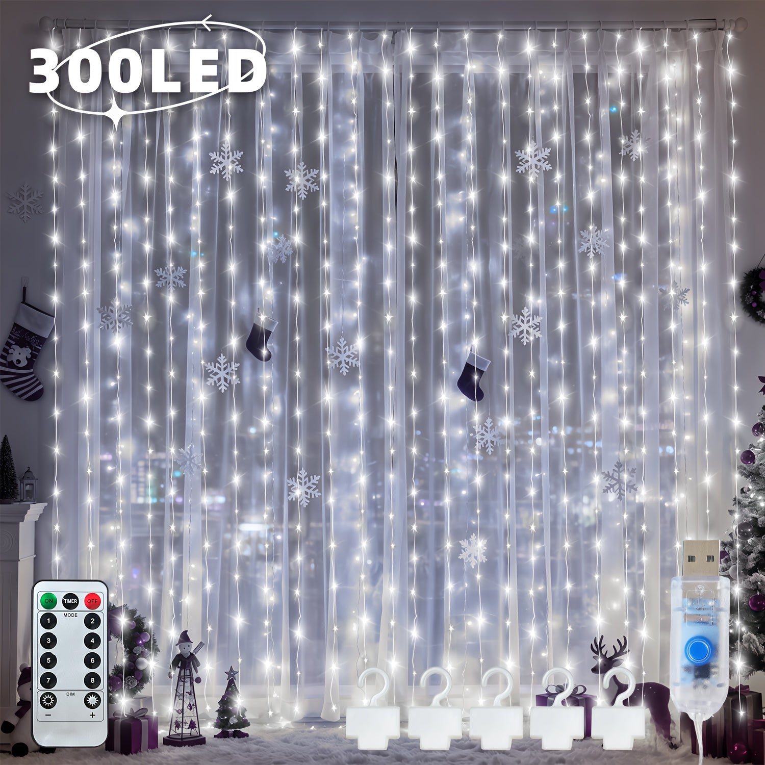 1 Pack LED仙女窗帘灯 300LED 8种灯光模式，USB供电，配备遥控器，带挂钩，圣诞装饰品，适用于室内家居、卧室、婚礼、派对、圣诞节装饰（带定时）