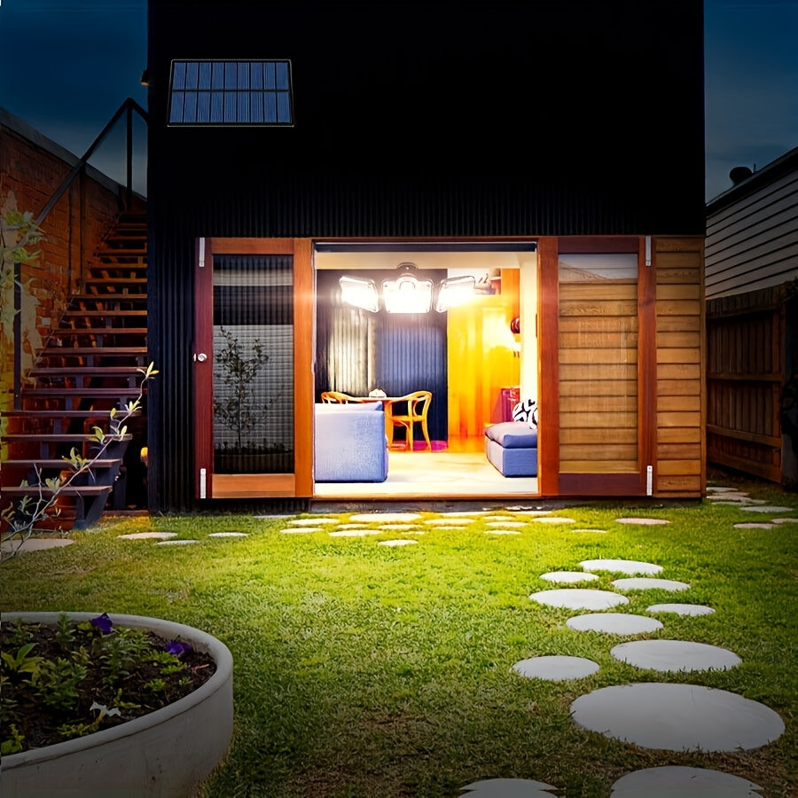 Solar Security Light with Motion Sensor - 3-Head 122 IP54 LED Dimmable, Semi-Flush Mount Plastic Wall Light, Remote Control, Solar Battery 2400mAh Lithium-Ion Battery, Non-Detachable Solar Panel - Light Source Included