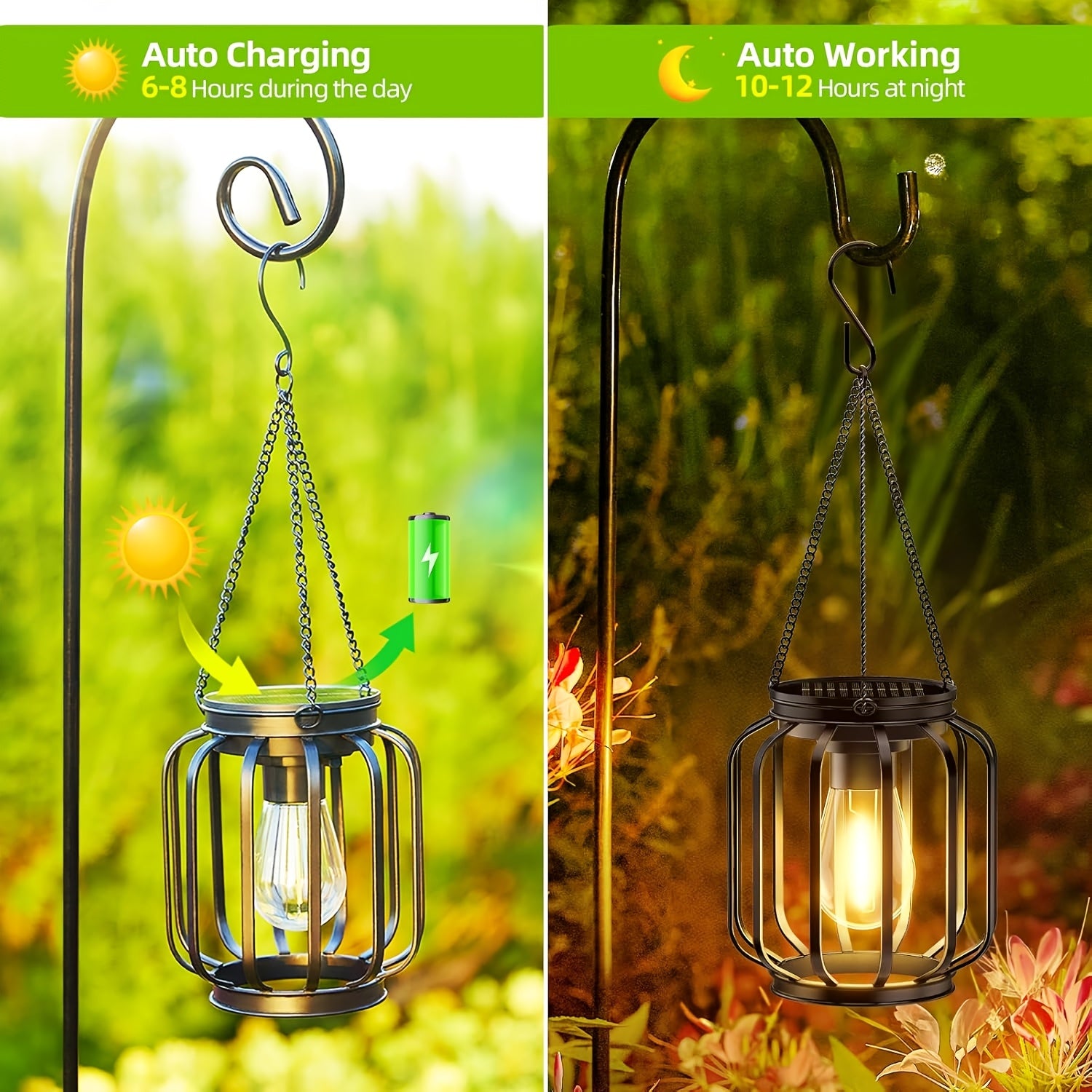 2 Pack Solar Outdoor Pendant Light, Hanging Metal Lantern, Modern Metal Solar Pendant Light with Hook, Warm Light Lantern for Garden, Perfect for Outdoor Garden, Patio, Entrance Lighting Decorative Hanging Light