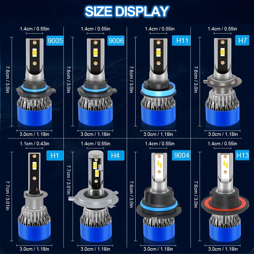 2Pcs H1 H7 H11 9005 9006 9012 H4 H13 9007 9004 LED Car Headlights, Brightness 3570 CSP Chip 6000K White Light 60000 Lumens 200W High/Low Beam Fog Light Fast Heat Dissipation