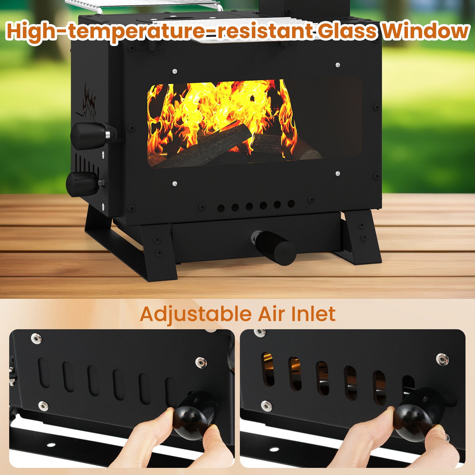 COSTWAY Compact Heating Burner with Glass Window, Portable Wood Burning Stove with Griddle, Dual Grill Racks & Pot Stand, Outdoor Wood Burner for BBQ, Party, Camping & Picnic/