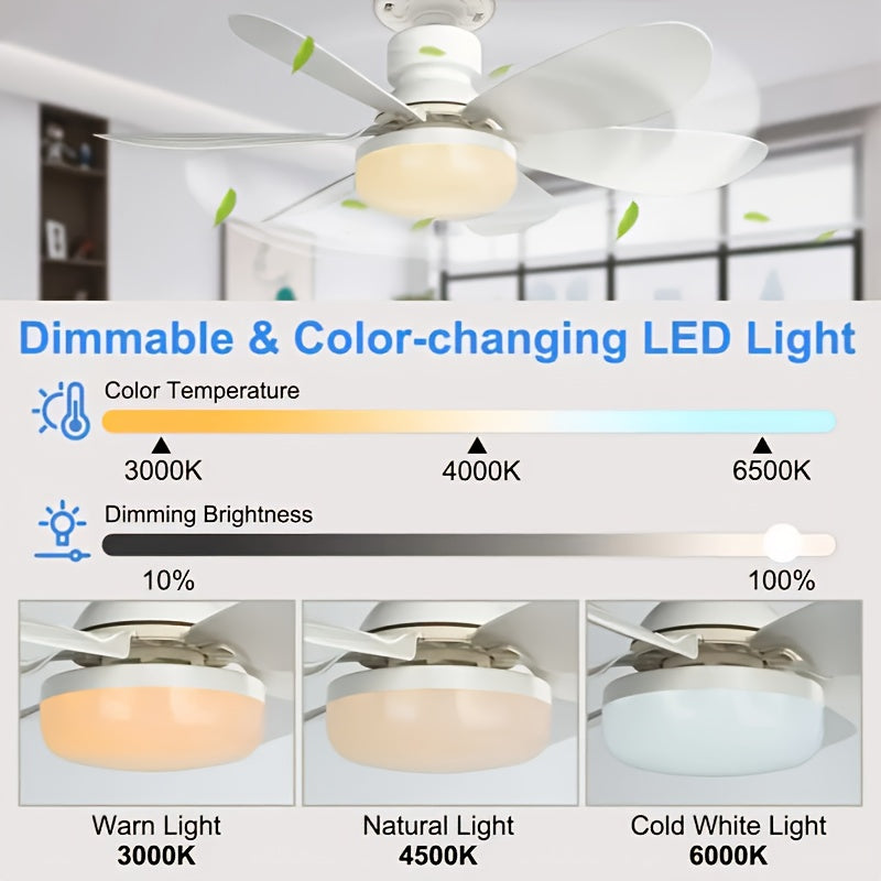 1pc Modern Remote Ceiling Fan Light, 3000K-6500K Dimmable Color Changing, Quiet E26/E27 Easy Install, Small Base Bulb Replacement, for Bedroom Kitchen Living Room