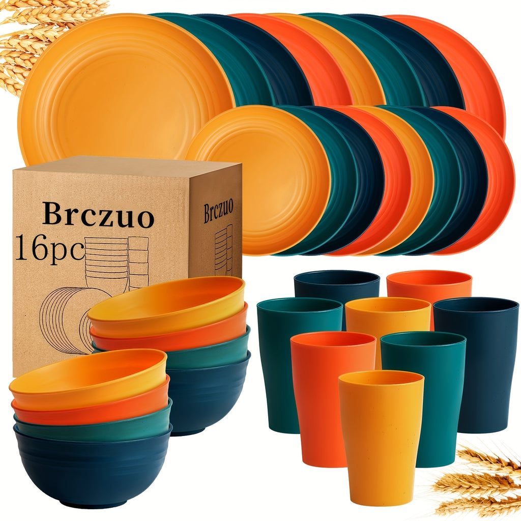 16/32Pcs Wheat Straw Plastic Tableware Set 4/8 Person Unbreakable Dinner Plate Dessert Plate Cereal Bowl Cup Outdoor Camping Family Birthday Party Tableware