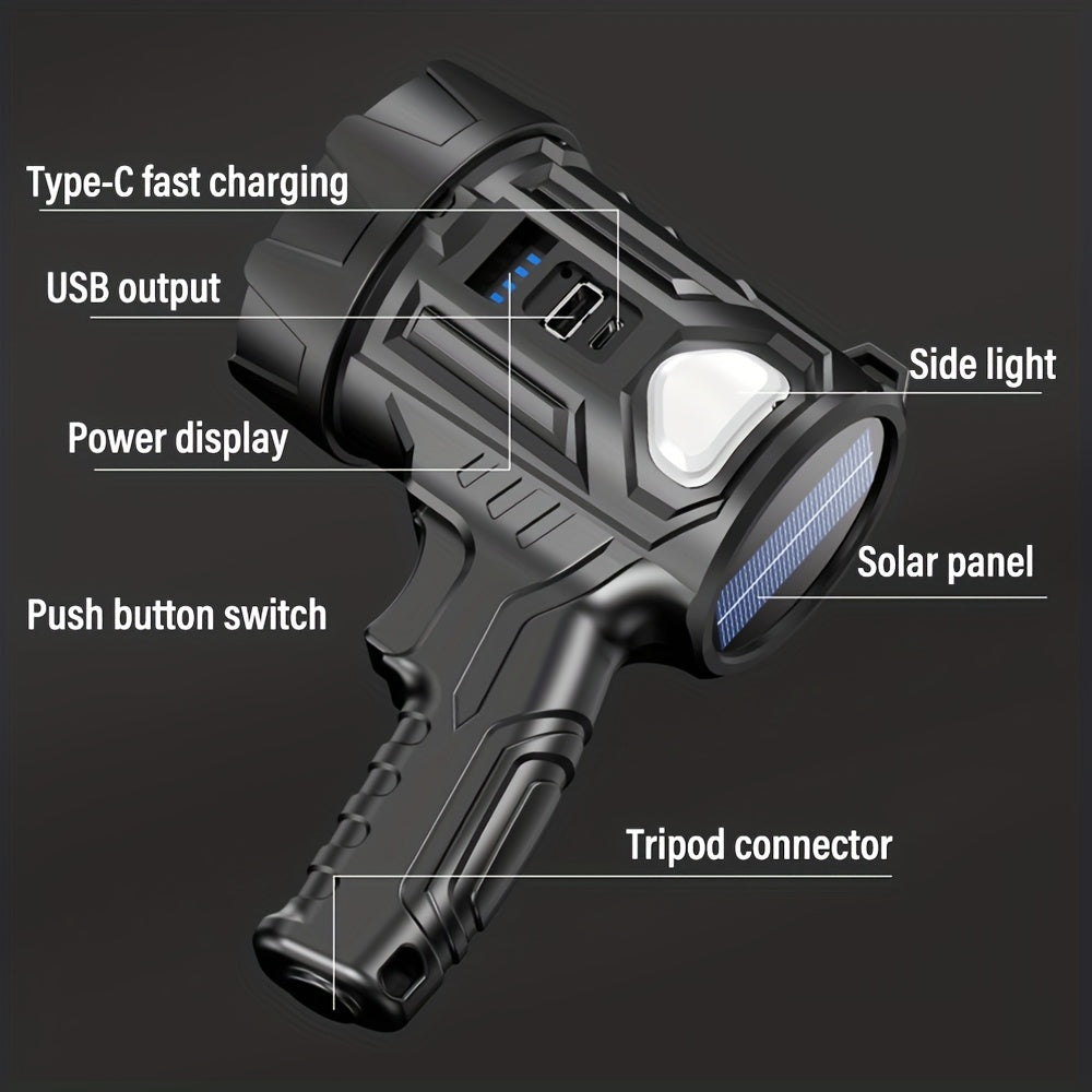 1 rechargeable spotlight flashlight, bright searchlight with 6 modes and 3 color filters, LED spotlight outdoor handheld flashlight comes with USB cable, for boating, hunting, camping, home lighting