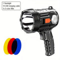 1 rechargeable spotlight flashlight, bright searchlight with 6 modes and 3 color filters, LED spotlight outdoor handheld flashlight comes with USB cable, for boating, hunting, camping, home lighting