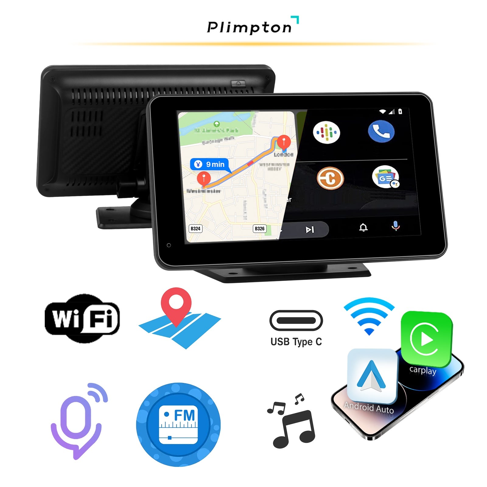 Plympton 7-Inch Portable Car Carplay Display, Android & Carplay Dual System Car Touchscreen, 2026 Portable Car Navigation System, Car Display, Multimedia Functions, Voice Control, Bluetooth Connection, Screen Mirroring