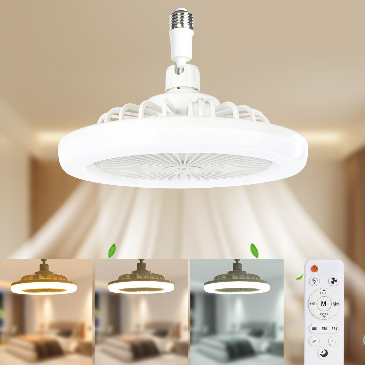 Remote Control Ceiling Fan with Light, Mini 10 Inch Enclosed Low Profile Fan Light, Chandelier with Fan, 3 Wind Speeds, 3 Color Dimmable & Timing Function, Summer Gift for Bedroom Dormitory