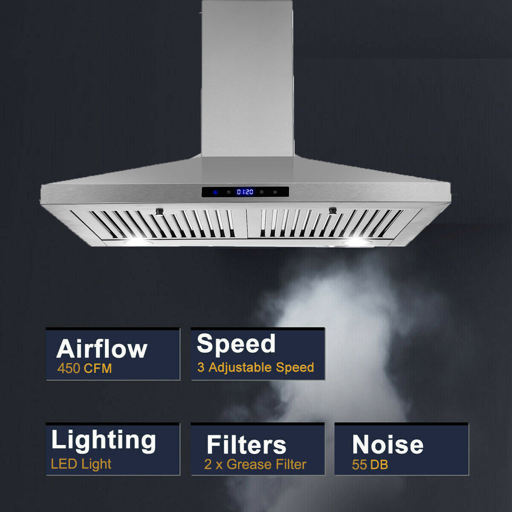 30-Inch Wall-Mounted Range Hood, 450 CFM Ventilation, Touch Control, Stainless Steel Design, LED Lighting, 3-Speed Fan, Available in Black and Silver