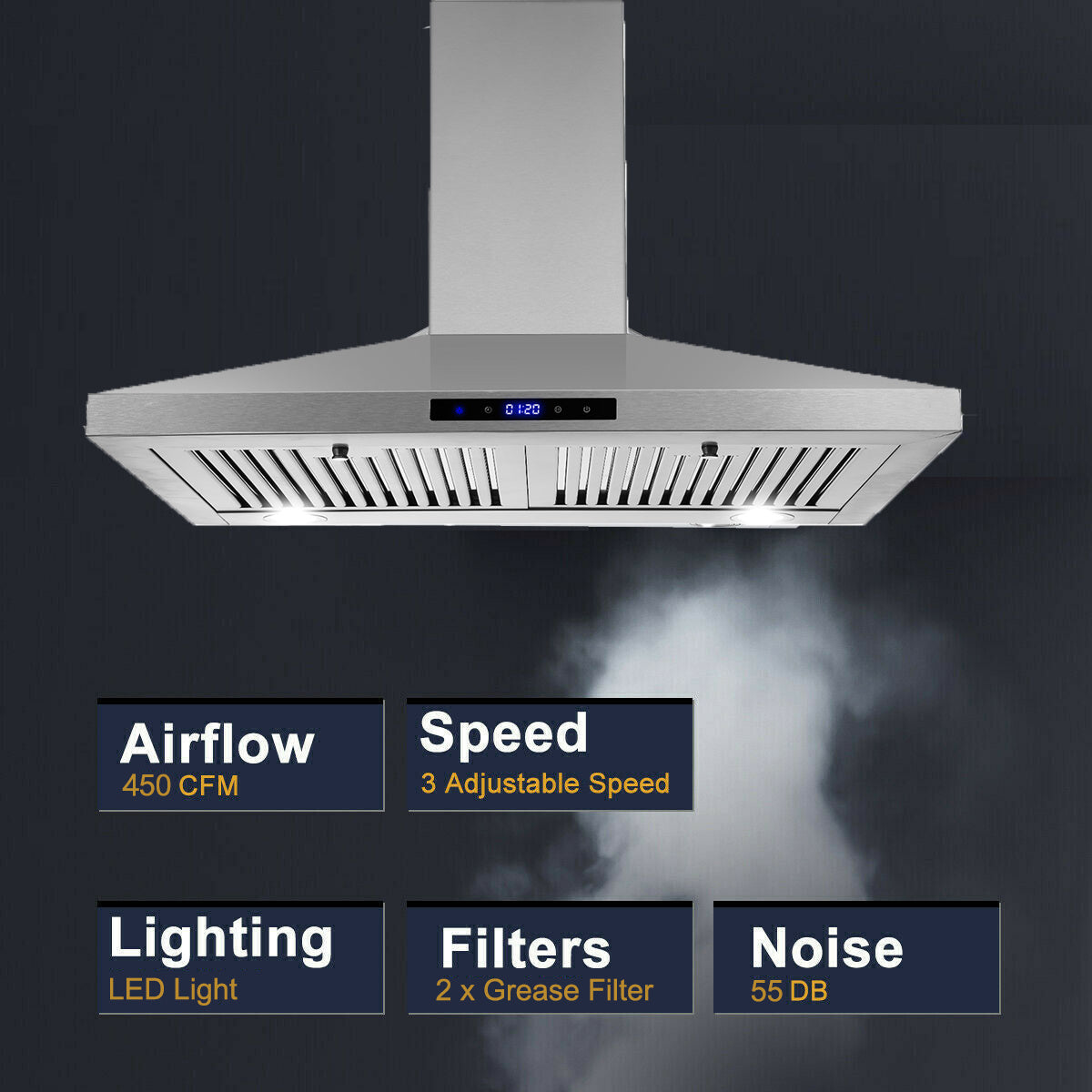 30-Inch Wall-Mounted Range Hood, 450 CFM Ventilation, Touch Control, Stainless Steel Design, LED Lighting, 3-Speed Fan, Available in Black and Silver