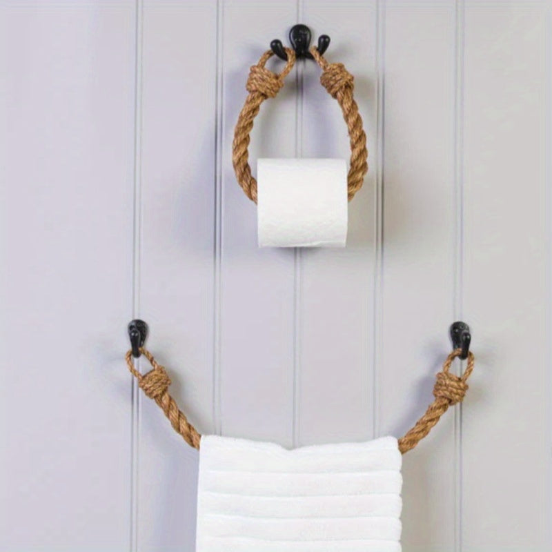 Jute Rope Toilet Paper & Towel Holder - Rustic Décor Wall Mount Paper Roll Holder for Bathroom & Kitchen