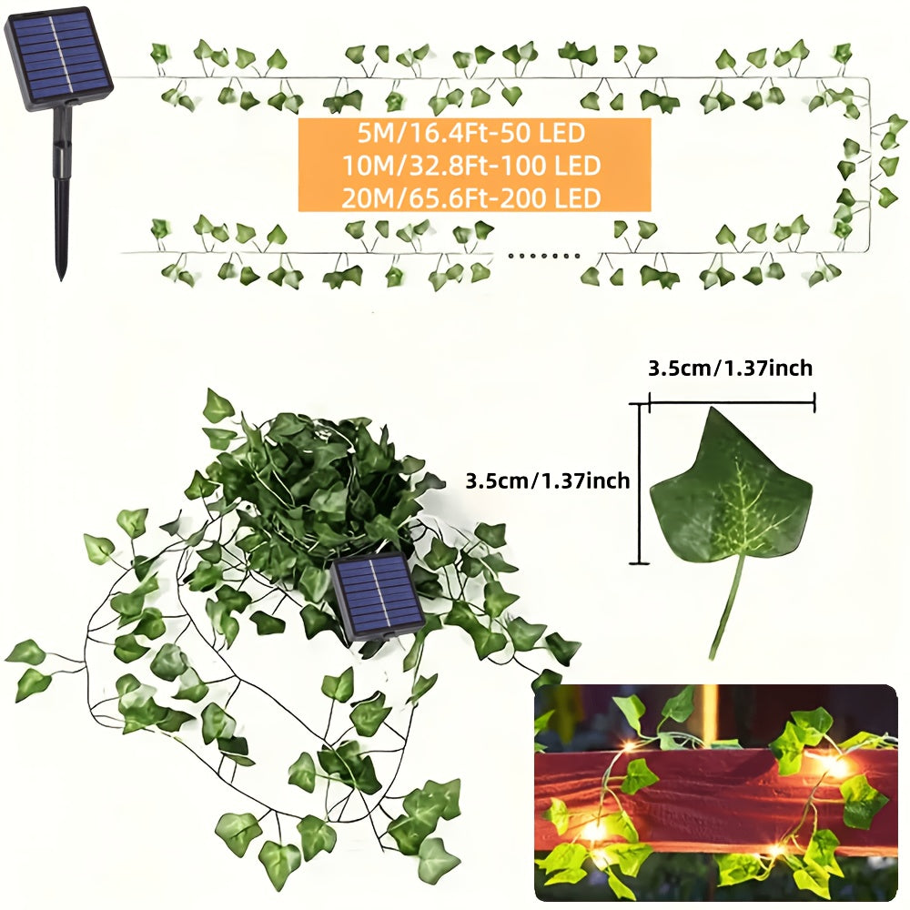 1件装，50/100/200颗LED太阳能仿真常春藤叶藤蔓灯串，铜线仙女灯带8种模式，适用于户外花园、墙壁、阳台、栅栏、树木、婚礼、派对、餐厅氛围营造、帐篷、露营、圣诞装饰