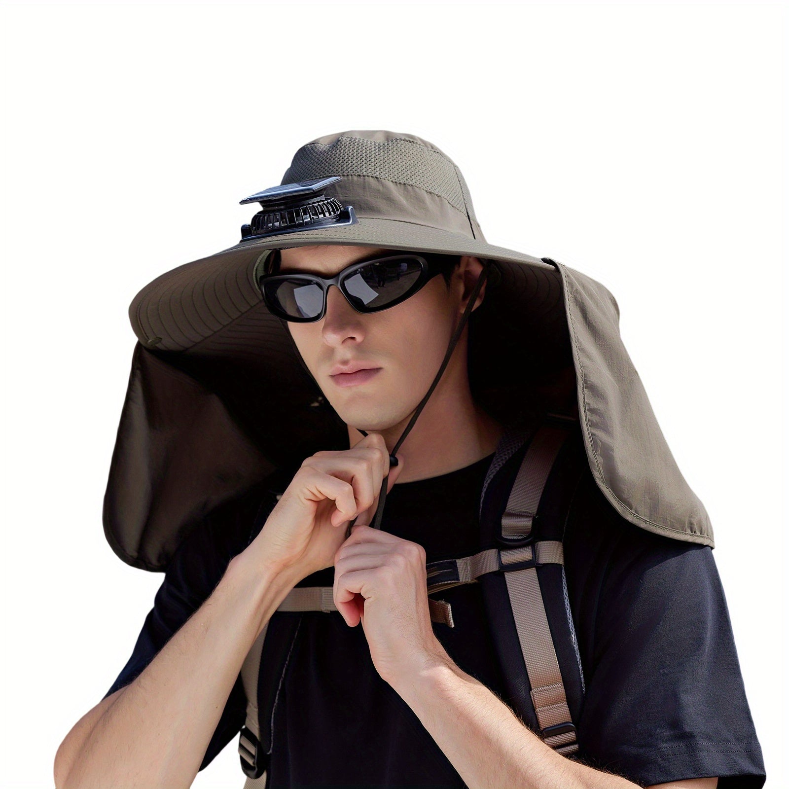 Men's Solar Cooling Hat - Wide Brim UPF Sun Protection Hat, Lightweight Beige/Orange Outdoor Travel Camping Hat with Lanyard, Hands-Free, Hiking Gear, Fashion Headwear, Comfortable Fit