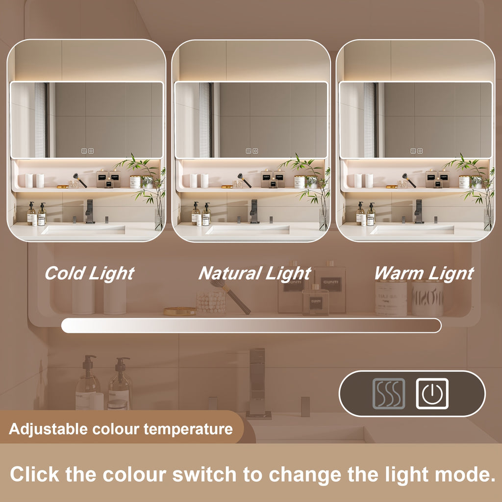 Stone 35"x28" Aluminum Bathroom Mirror Cabinet with Smart LED Lighting & Anti-Fog - Wall Mount Vanity Mirror with Cosmetics Shelf & Hair Dryer Holder, Khaki