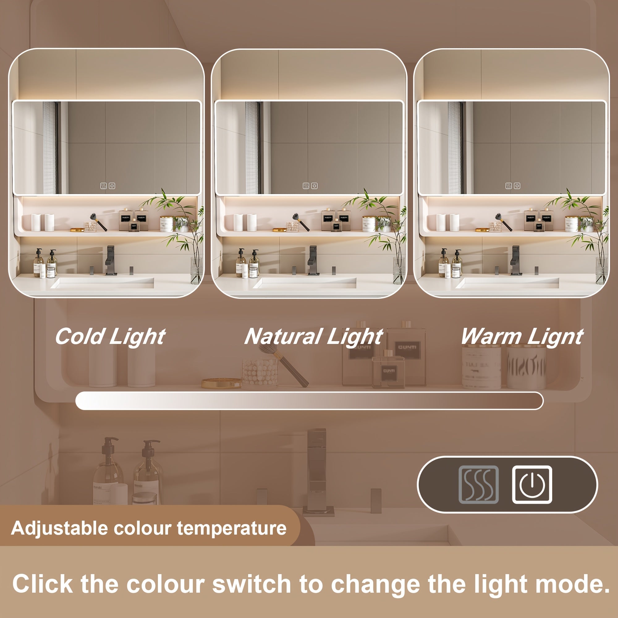 Stone 35"x28" Aluminum Bathroom Mirror Cabinet with Smart LED Lighting & Anti-Fog - Wall Mount Vanity Mirror with Cosmetics Shelf & Hair Dryer Holder, Khaki
