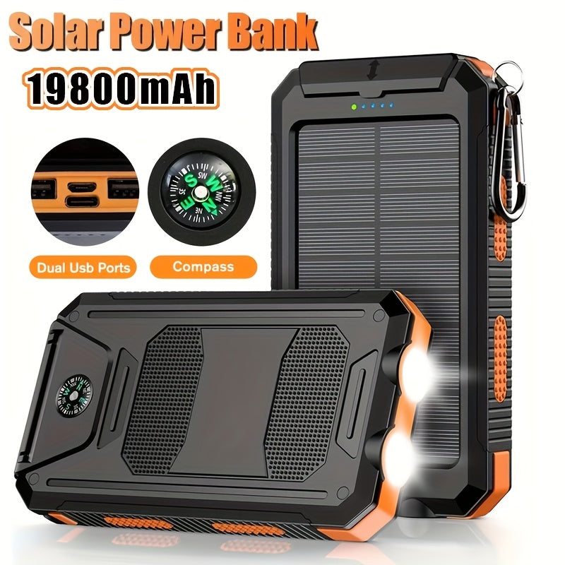 Portable Solar Mobile Phone Charger, Camping External Battery Charger for Mobile Phones, 2 USB/ LED Flashlights with Compass for Outdoor Activities, 19800/ 29800mAh Portable Solar Power Bank, the Best Gift for Festival