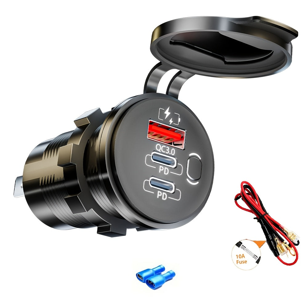 Versatile Car Charger - Features a Switch, Compatible with 12V/24V for Vehicles, Boats, Motorcycles, And Rvs - Portable, Includes Installation Tools|Stylish Design|Includes Voltmeter, Socket for Boat Charging, No Battery Included