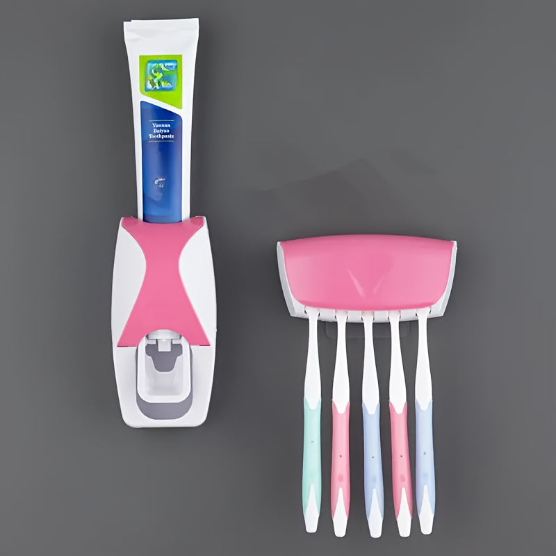 [5-Slot No-Drill] Toothbrush Holder & Press-Type Toothpaste Dispenser Set - Large Capacity ABS Plastic Wall Mount (Holds 5 Toothbrushes) - Dustproof & Moisture-Proof Design, Space-Saving