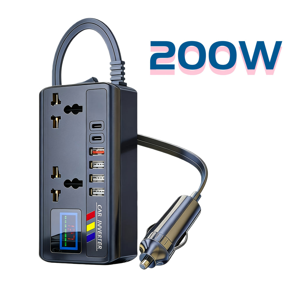 200W车载逆变器，直流12V/24V转交流110V/220V汽车电源转换器，配备4个USB接口+2个Type-C接口、2个通用输出插座，带智能显示屏，是轿车、房车及卡车的必备品
